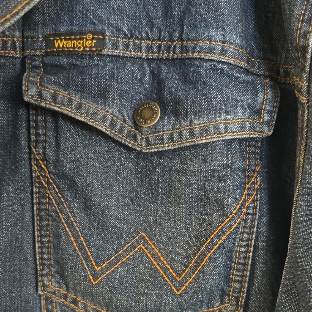 Wrangler Flannel Lined Men's Blue Denim Jacket with Tan Corduroy Collar - Picture 3 of 7